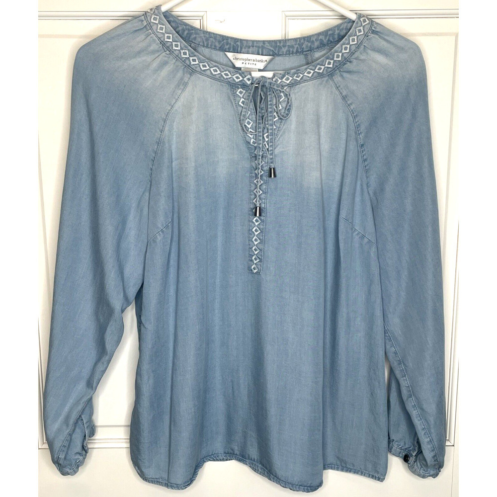 Christopher & Banks Women's Embroidered Woven Blouse Size PM Peasant Boho Aztec